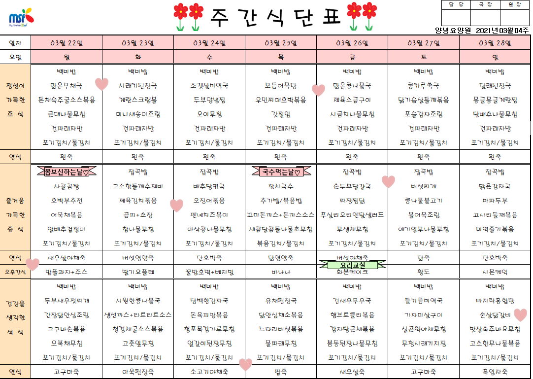 2021년03월22일 ~ 28일 식단표
