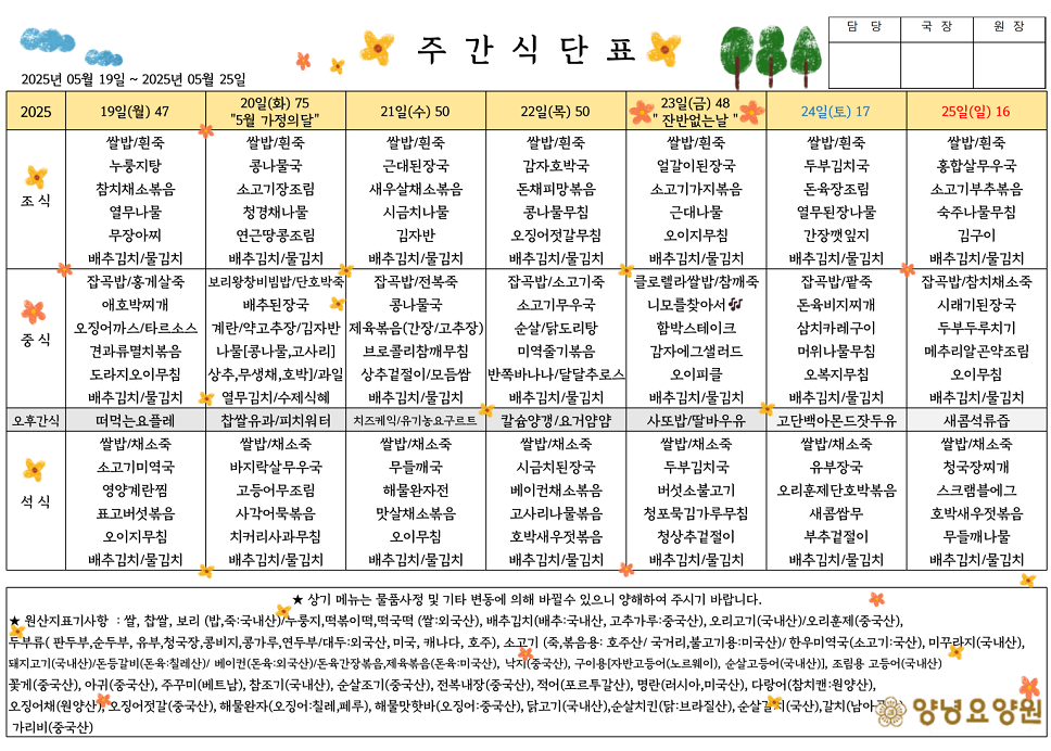 2025.05.19.~05.25. 주간식단표입니다.
