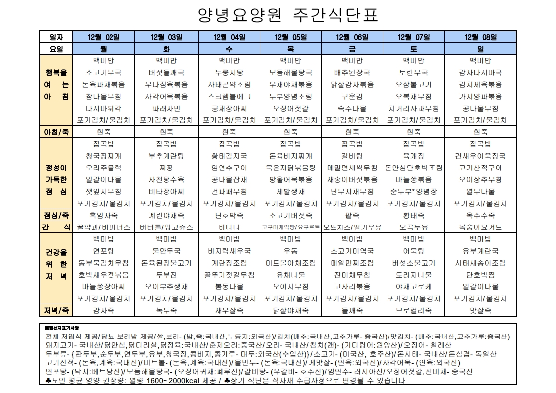 2024년 12월 02일 ~ 2024년 12월 08일 식단표